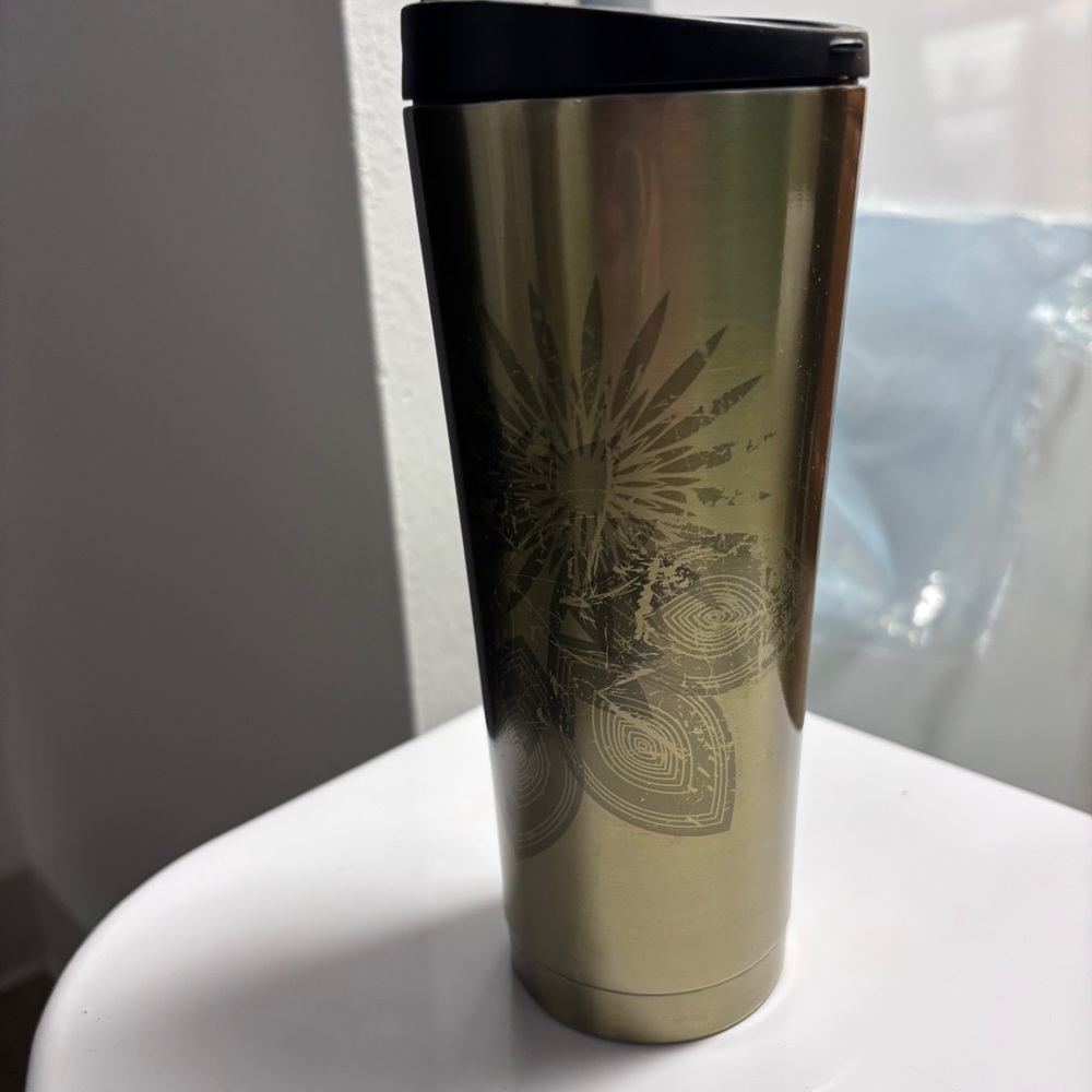 Starbucks Grande Gold Floral Print Coffee Tumbler 12 oz Stainless Steel Travel